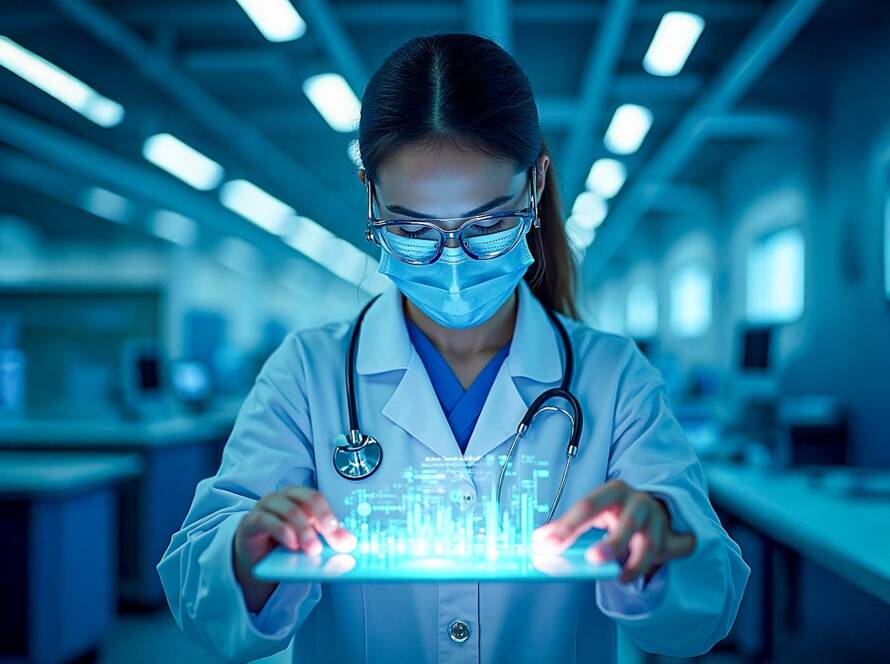 Healthcare professional in lab coat and blue mask using glowing holographic interface, holding stethoscope and transparent material.
