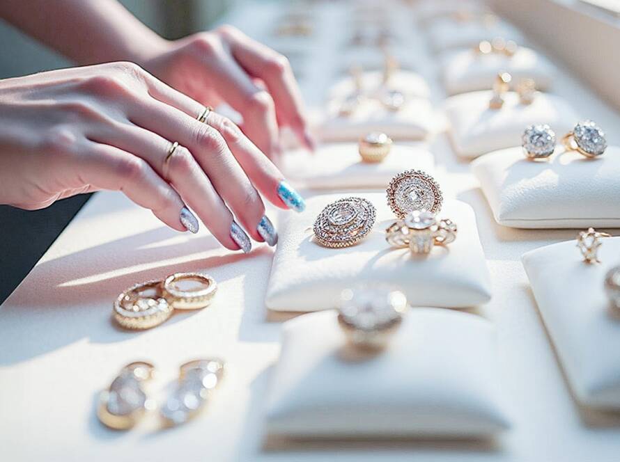 Delicate hands touching elegant rings and earrings on plush white cushions in sunlit luxury jewelry display with blurred background.