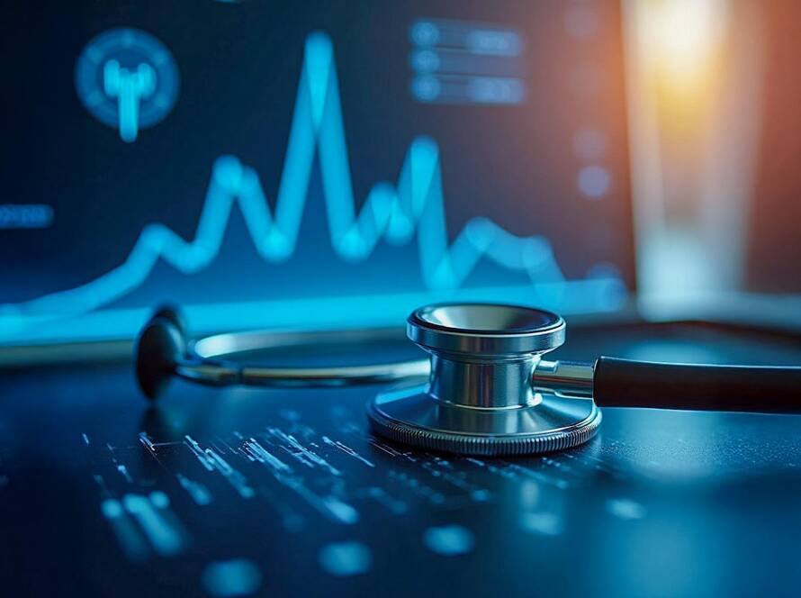 Close-up of metallic stethoscope on digital health monitor with vibrant blue-white graphs, soft lighting highlights clinical, futuristic feel.
