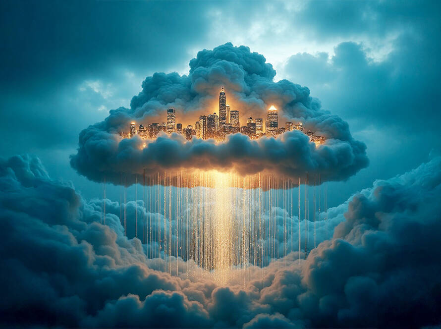 Dark gray cloud shaped like city with glowing golden lights and descending light streams against stormy sky; futuristic data concept.
