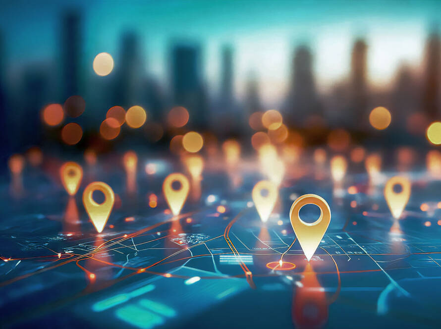 Blurred cityscape with glowing orange and blue location pins on digital map; warm bokeh lights and illuminated connections at dusk.