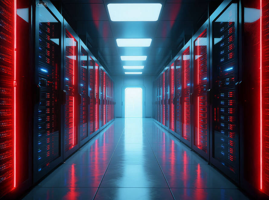 Long futuristic server room hallway with dark-blue racks, glowing teal data lines, polished floor, and central glowing plus symbol.