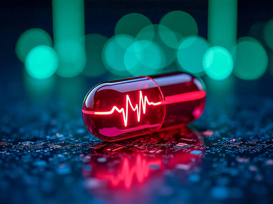 Glossy red capsule with glowing heartbeat line on detailed circuit board; green and blue bokeh lights, modern tech aesthetic.