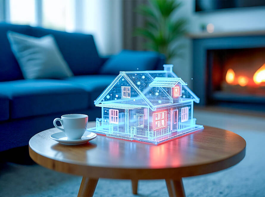 Futuristic wireframe miniature house glowing blue and red on circular wooden table with teacup; blurred living room background.