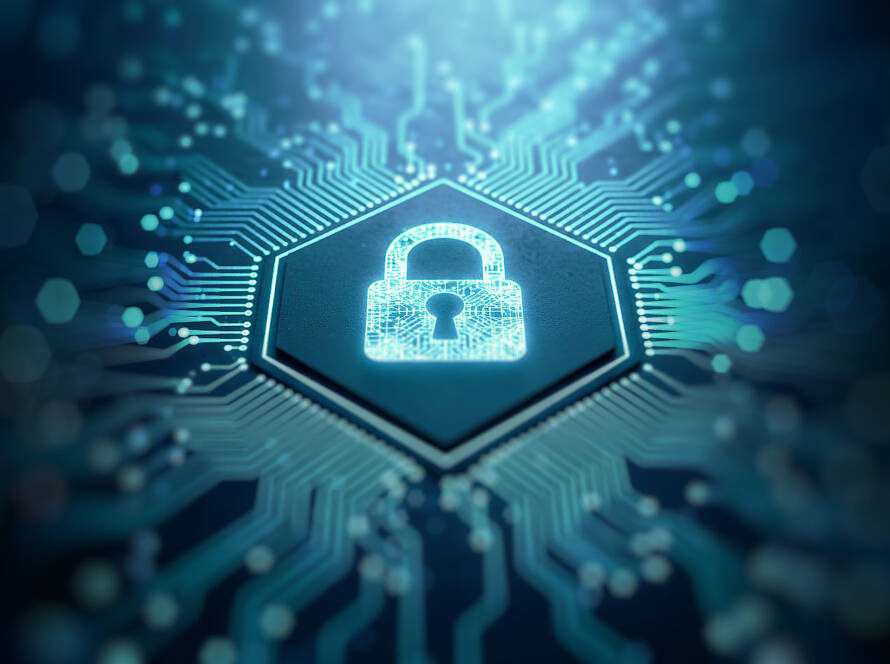 Close-up of dark blue circuit board with glowing white padlock and light blue circuit traces, symbolizing digital security.