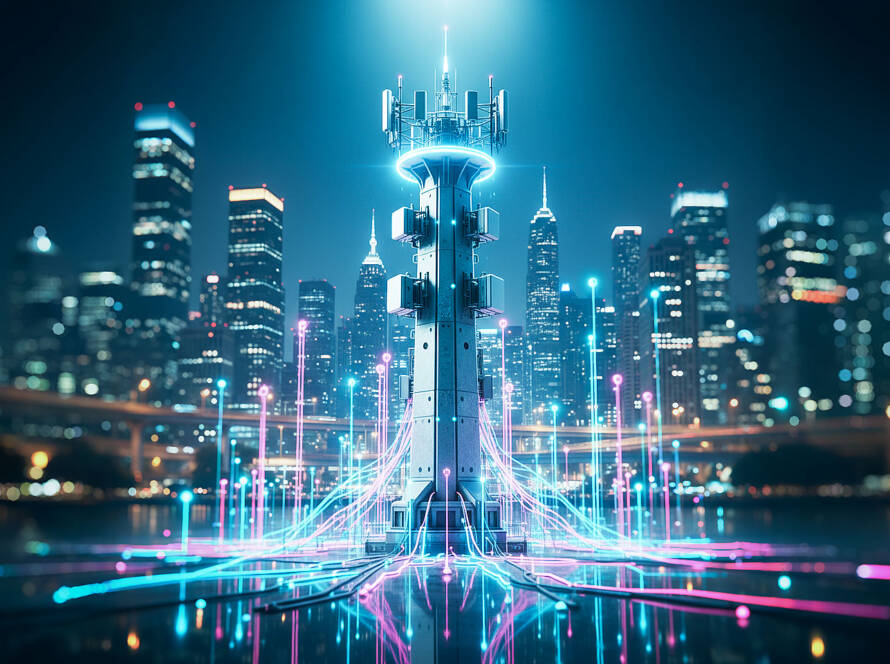 Futuristic communication tower with glowing pink and blue data lines on dark reflective surface, symbolizing network infrastructure.