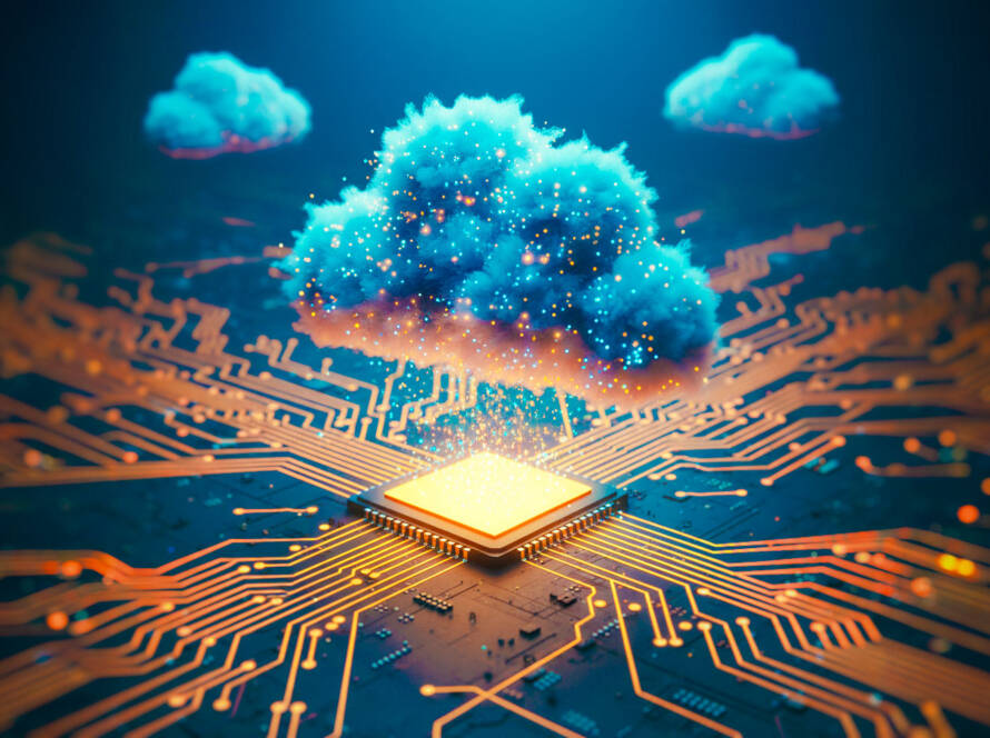 Futuristic glowing cloud symbol with blue, orange, and red circuit patterns floating above a motherboard in a digital cloud computing scene.