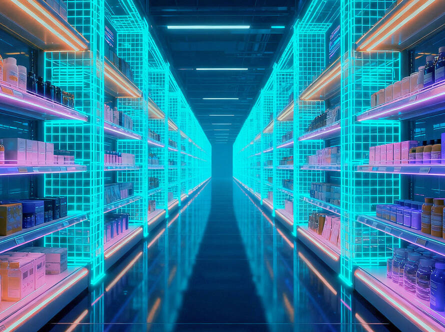 Futuristic neon-lit supermarket with turquoise grid shelves and vibrant blue-pink lighting, creating a cyberpunk digital scene.