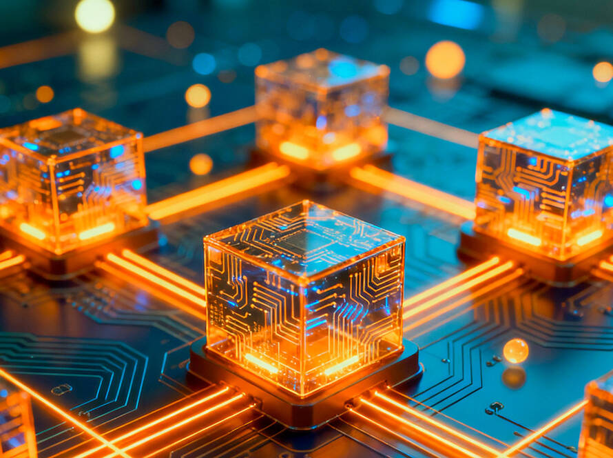 Close-up of glowing cube-shaped data units connected by bright orange lines on a blue circuit board representing digital network.