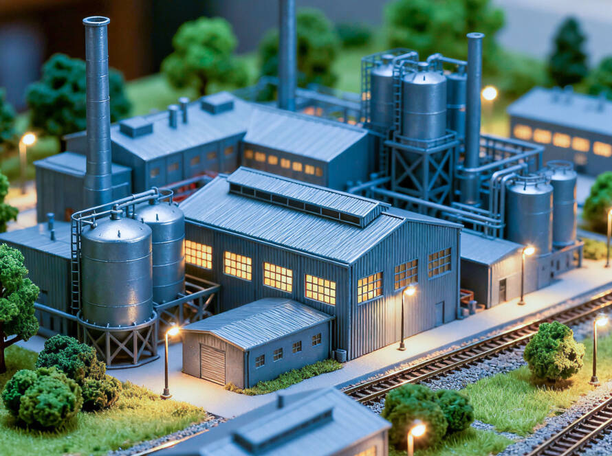 Miniature industrial complex model with gray buildings, green trees, warm streetlights, and railroad tracks in a detailed diorama.