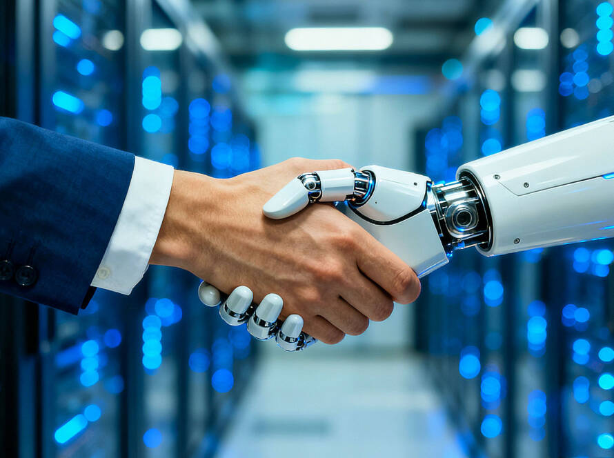 Close-up of a human hand in a blue suit shaking a white robotic hand in a data center with glowing blue lights.