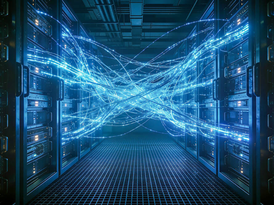 Wide-angle futuristic data center with glowing blue data lines over dark server racks reflected on glossy grid floor.