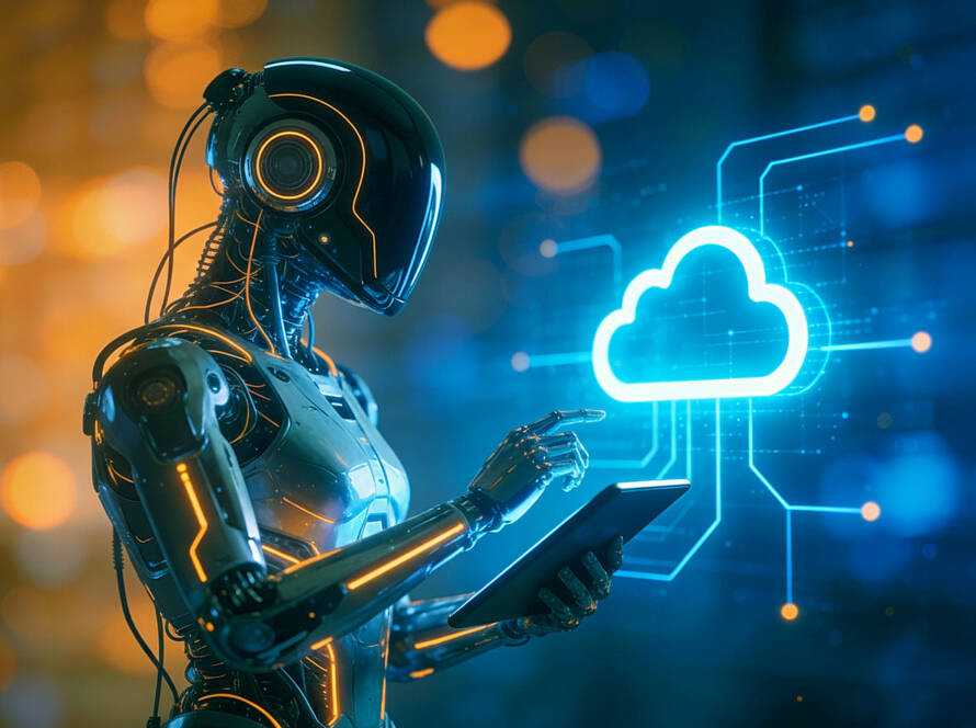 Futuristic humanoid robot with orange accents using a tablet to interact with a glowing digital cloud icon.