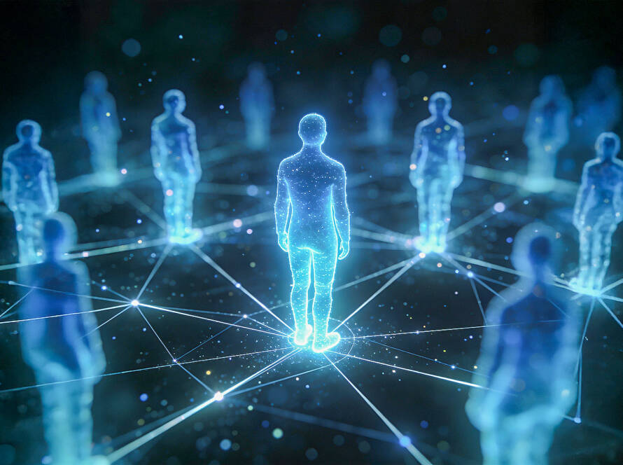 Futuristic cyan glowing human figure connected to digital silhouettes via light lines on deep blue cosmic gradient background.