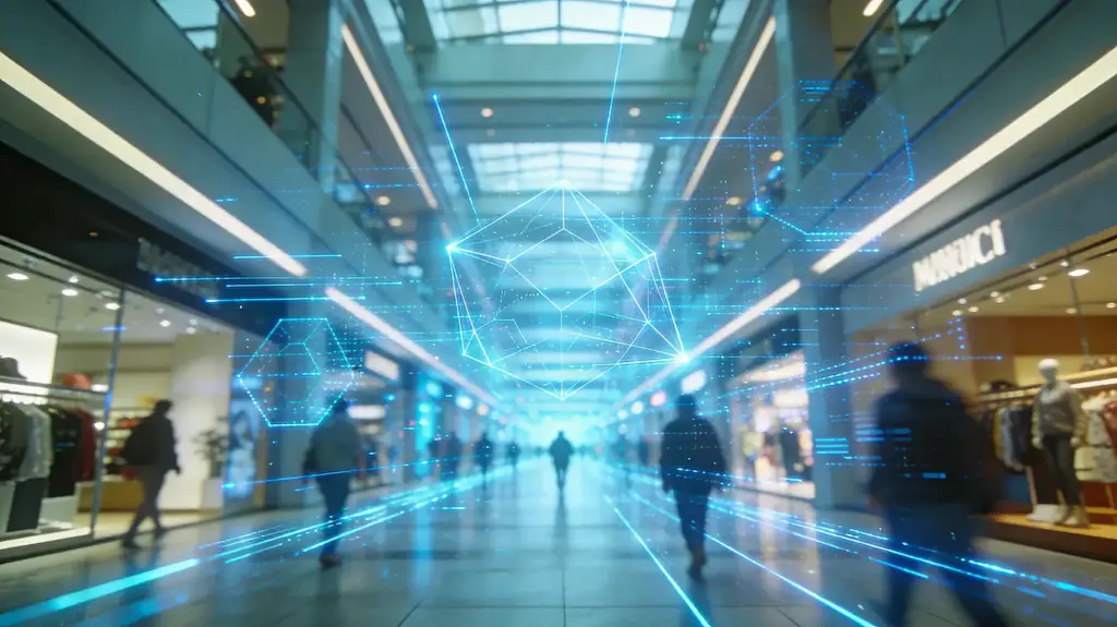 Futuristic shopping mall corridor with shoppers and glowing blue digital data overlays suggesting holographic retail visualisation.