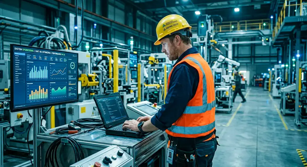 Factory worker in hard hat and high-vis vest using a laptop and data monitor on a control panel in a dimly lit industrial plant.