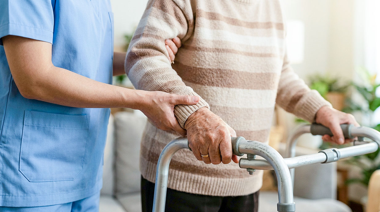 Hands supporting an elderly person gripping a silver walker in a care setting with warm indoor lighting.