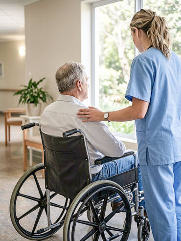 Nurse in light blue scrubs gently resting hand on shoulder of elderly man in wheelchair looking out a bright window.