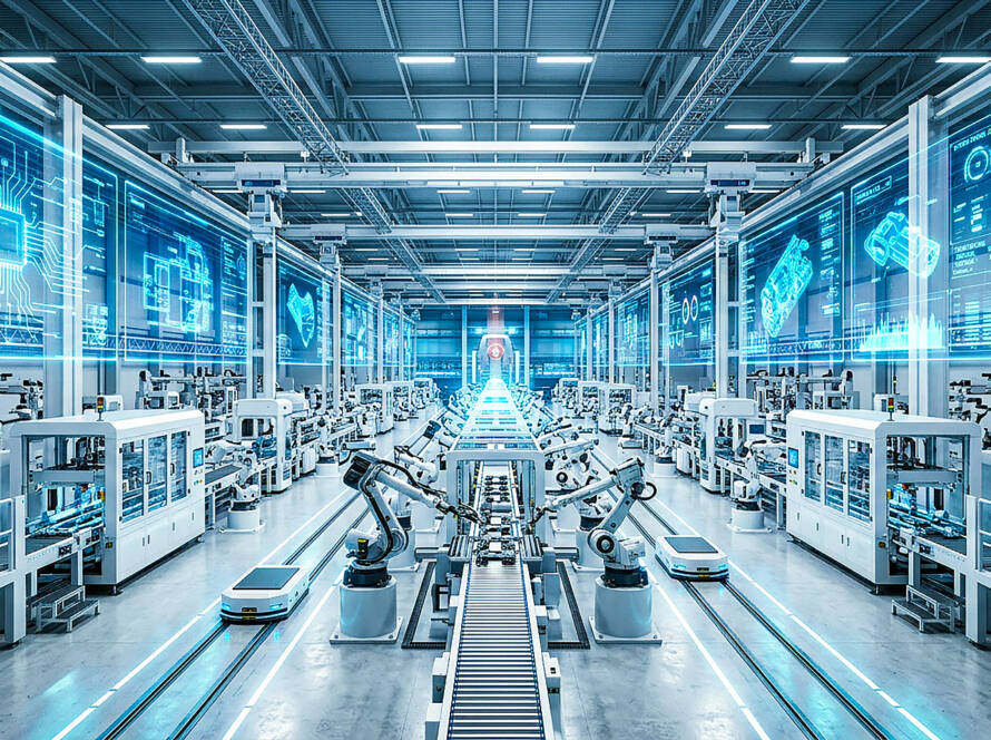 Wide-angle view of a futuristic factory interior with white machinery and glowing blue holographic digital overlays.