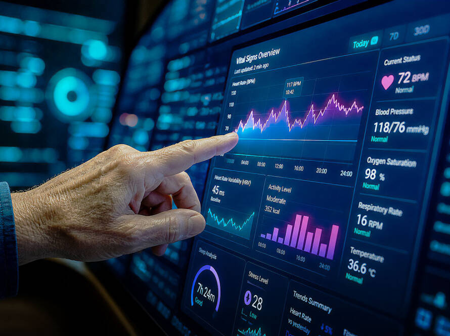 Elderly wrinkled hand touching futuristic digital screen with vital signs graphs in blue pink purple.
