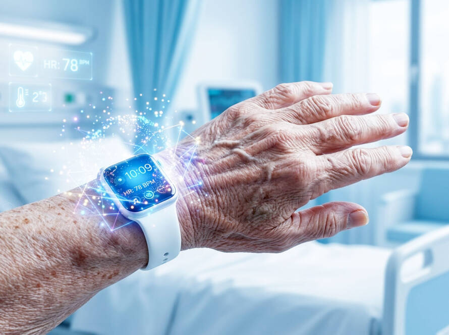 Elderly hand with white smartwatch and glowing health data in a futuristic medical setting.