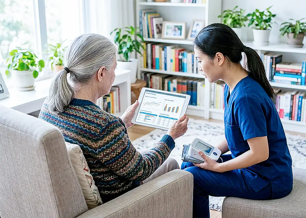 Elderly woman and younger caregiver reviewing health data on a tablet beside a blood pressure monitor.