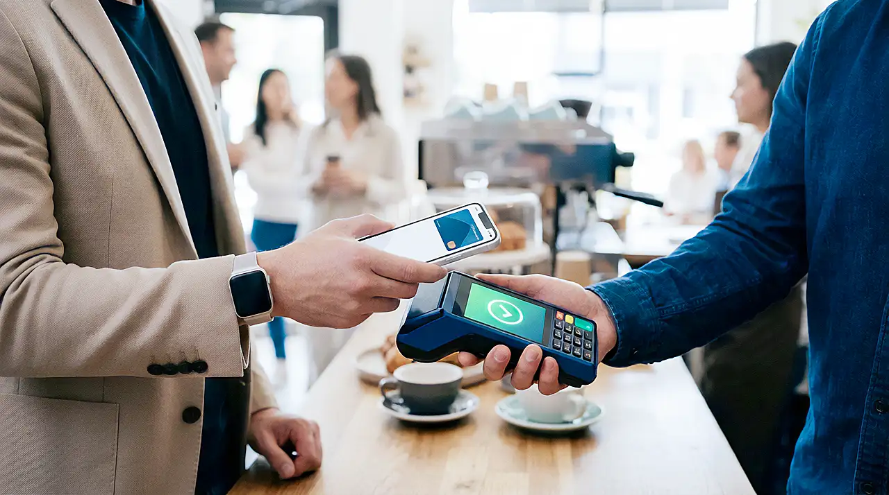Person in beige blazer tapping smartphone and smartwatch on card reader for contactless payment in a modern cafe.