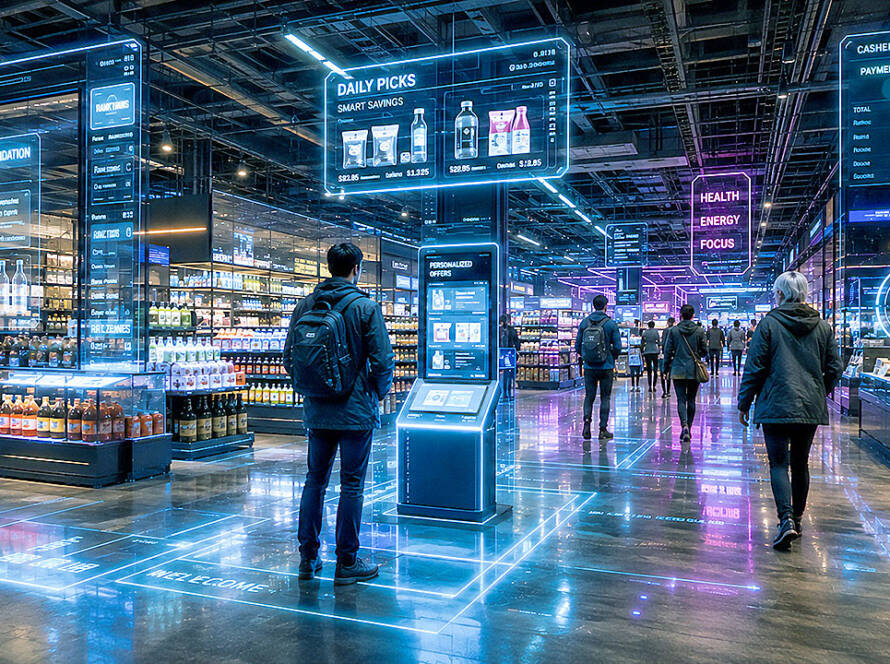 Futuristic neon-lit supermarket with holographic data, cyberpunk shoppers, and AI-integrated retail interfaces.