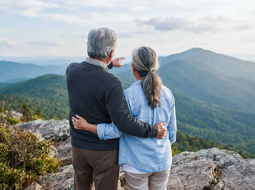Gray-haired man and woman standing close together from behind, gazing at forested hills and distant mountains.